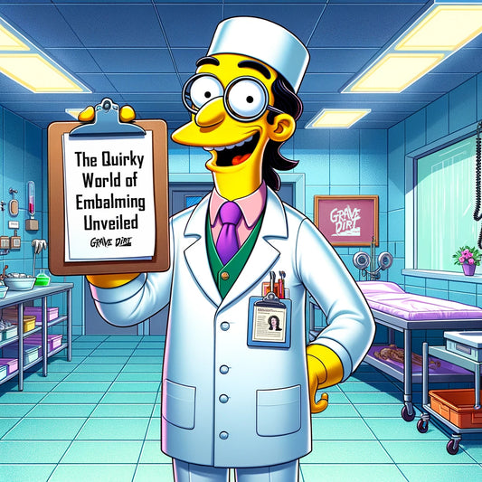 Cartoon of a cheerful scientist in a lab coat holding a clipboard with the title 'The Quirky World of Embalming Unveiled,' standing in a brightly lit, tidy embalming room, hinting at the fascinating and unusual aspects of the profession.